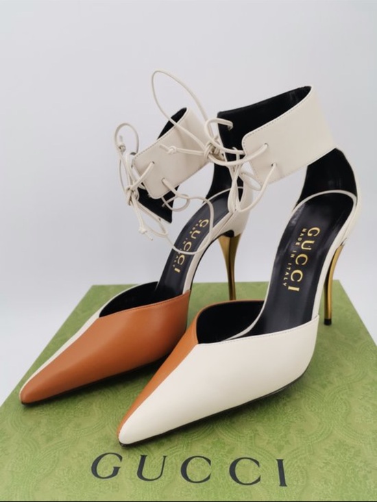 Gucci Shoes - Gucci Two-Tone Pointed Lace-Up Stiletto Heels in White and Brown